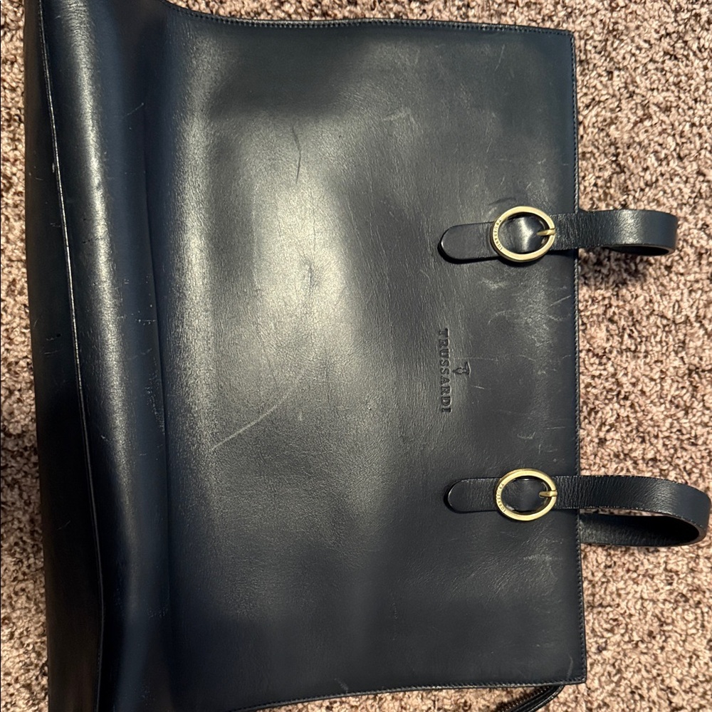 Trussardi Black Leather Shoulder Bag with Gold Accents